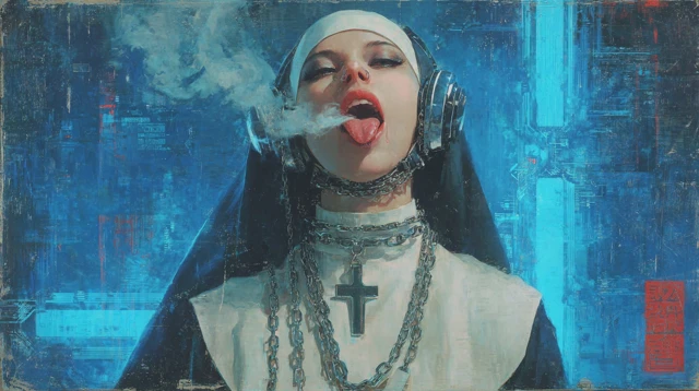 Cyberpunk Nun Smoking Chains and Laughing