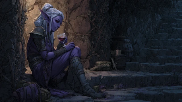 Dark Elf Drow Drinking Wine in Dungeon Art