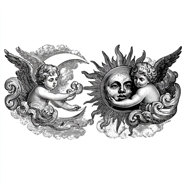 Engraved Celestial Tattoo Design Black and White