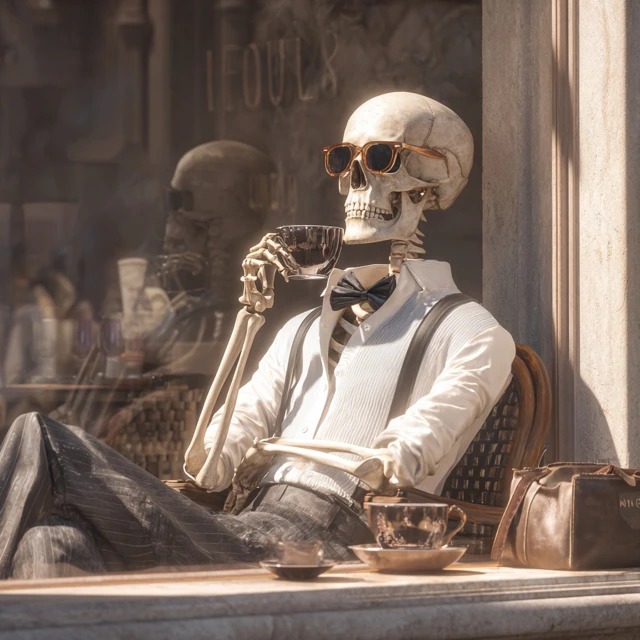 Handsome Skeleton in Madrid Cafe Drinking Coffee