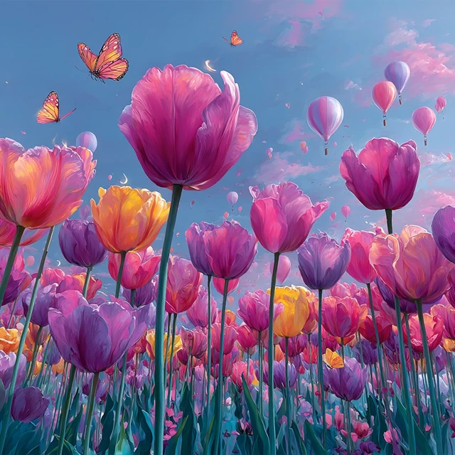 Dreamy Glowing Tulips and Butterflies