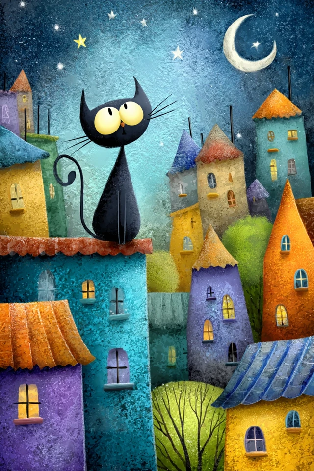 Cute Cat on Rooftop Cartoon Night Scene