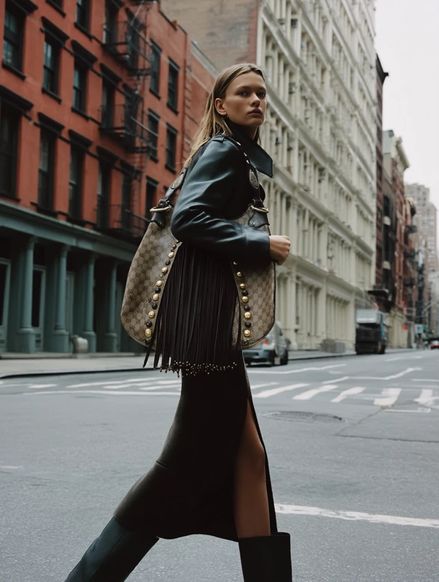 Fashion Photograph Soho NYC Model Leather Jacket Handbag