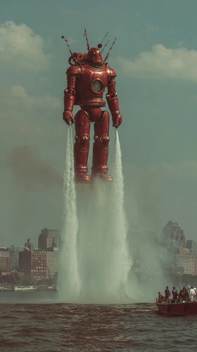 Giant Mecha Firefighter Robot over New York Harbor