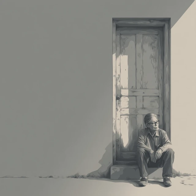 Elderly Person Sitting by Door Hand Painted