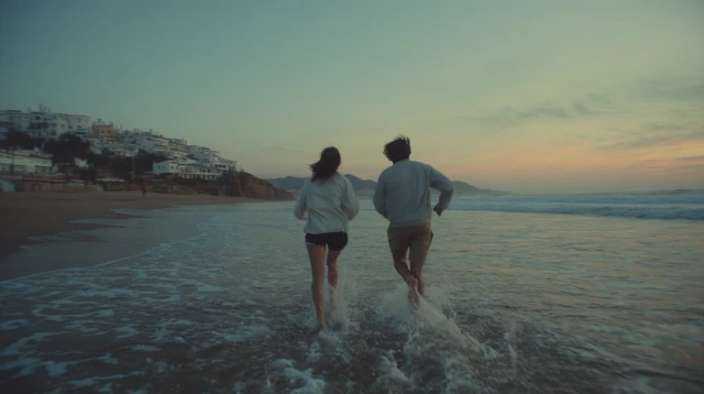 Couple Running into Beach Water Portugal Sunset
