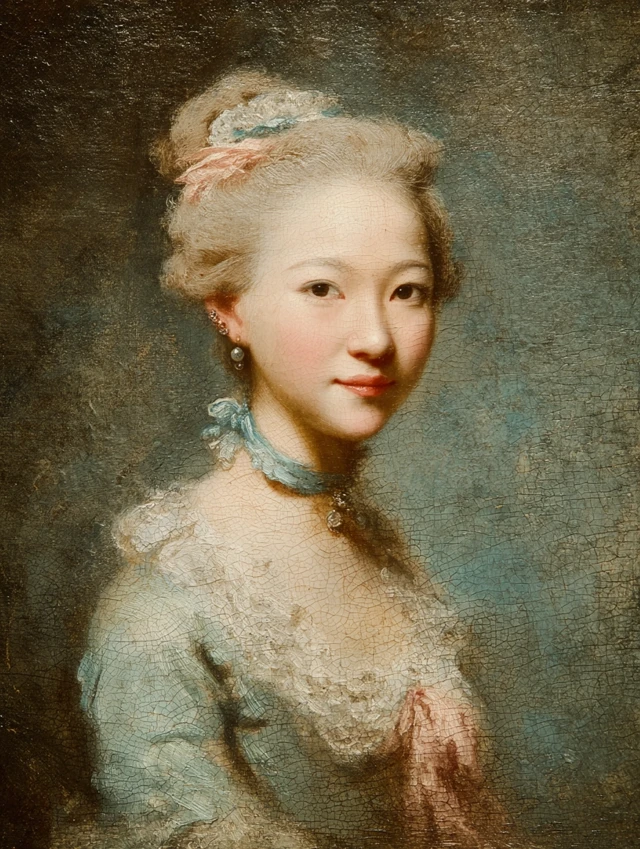 Rococo Painting of Asian Woman with Elegant Hair