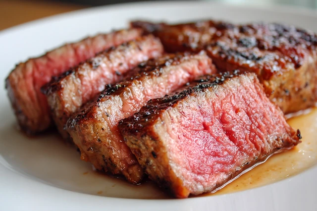 Juicy Medium Rare Steak Slices on White Plate