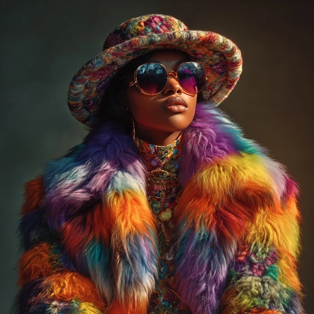 Black Woman in Colorful Fur Coat Vogue Fashion