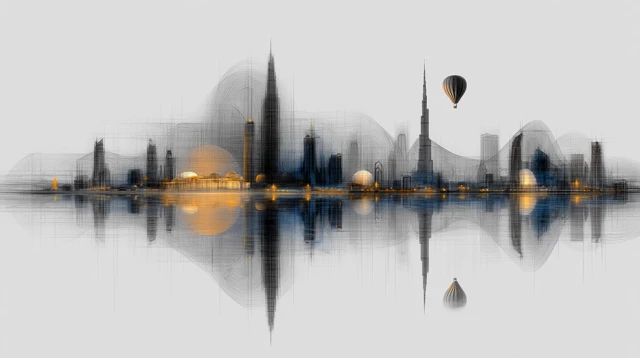 Dubai Skyline Minimalist Art with Reflections and Gold