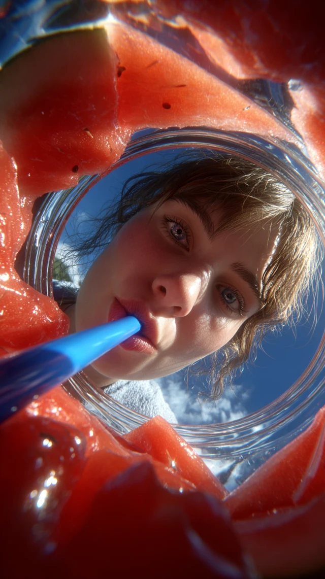Watermelon Drink Young Woman from Below Perspective