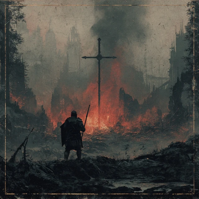 Metal Album Cover Battlefield Silhouette and Burning Cross