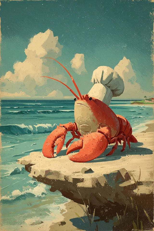 Funny Cartoon Lobster Chef Beach Scene