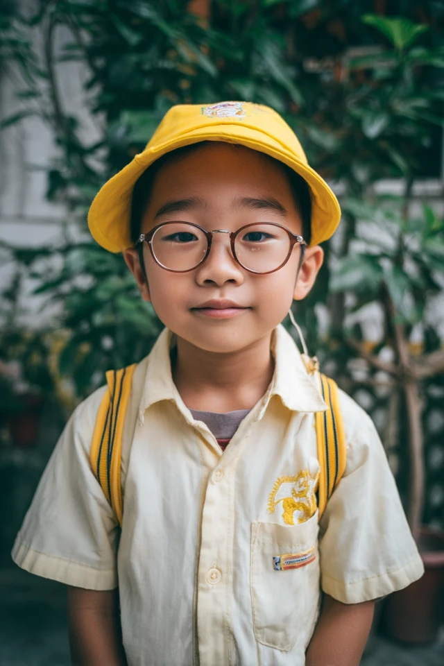 Asian Boy in Kindergarten Uniform and Glasses