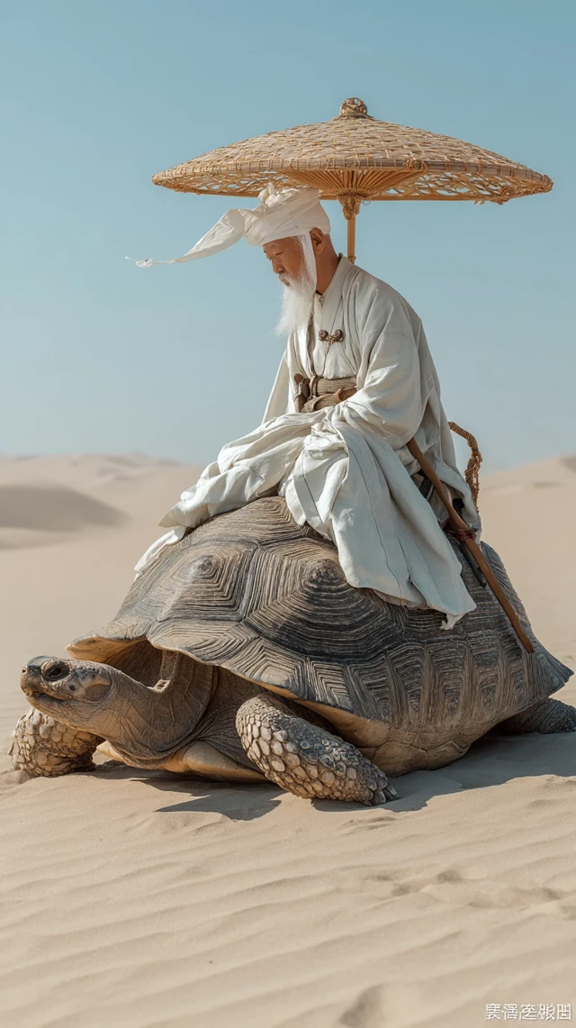 Ancient Chinese Taoist on Giant Turtle in Desert