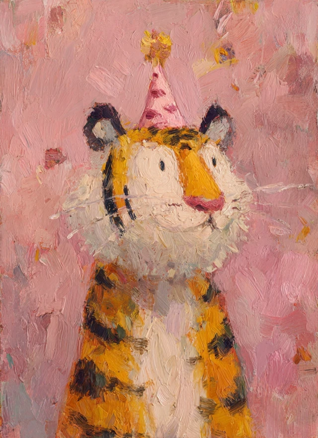 Cute Tiger with Party Hat Naive Art