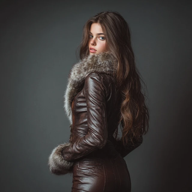 Young Woman in Leather Winter Outfit