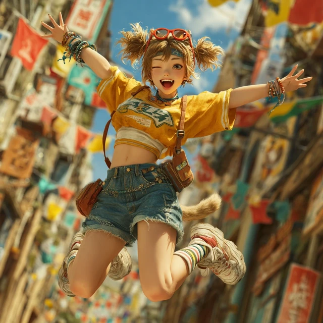 Anime Cat Girl Jumps Into City Street Cheerful Summer