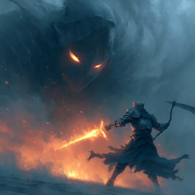 Holy Knight Battles Grim Reaper Fantasy Art