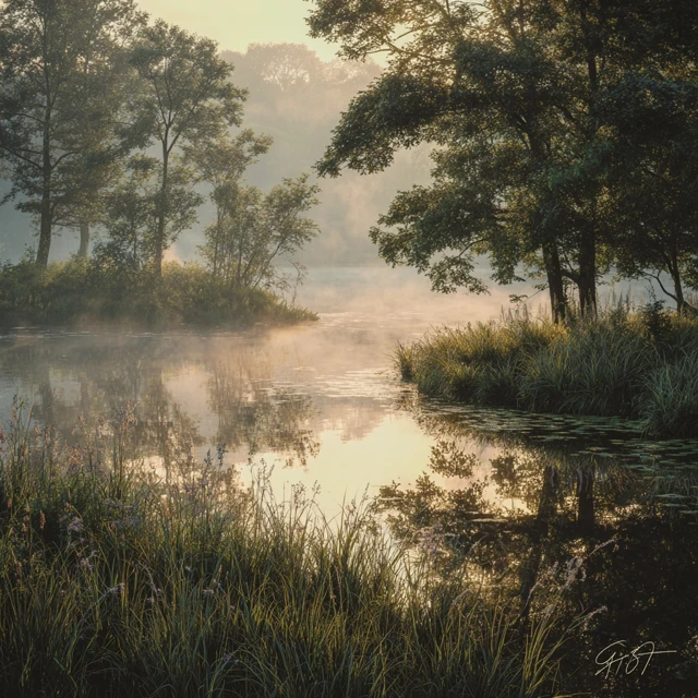 Serene Lake Landscape at Sunrise Tranquil Nature Scene