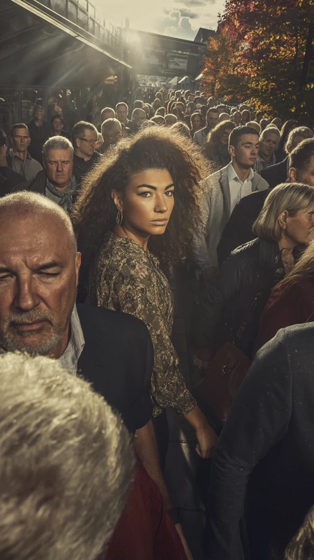 City Crowd: Multiethnic Faces, Dramatic Sunlight