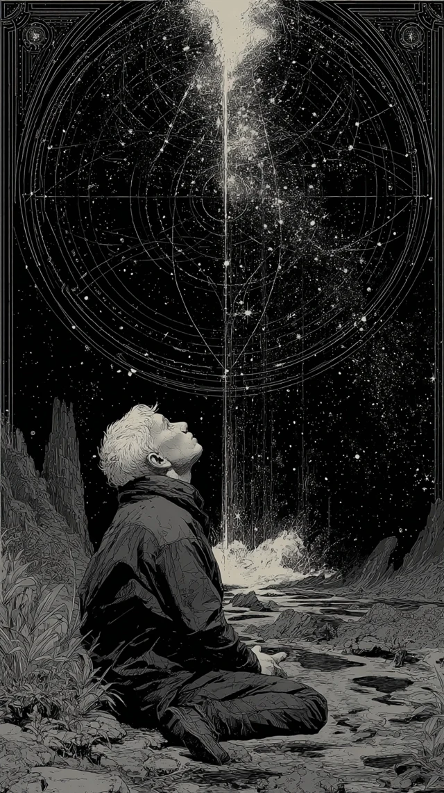 Meditating Figure Gazing at the Universe Vintage Art