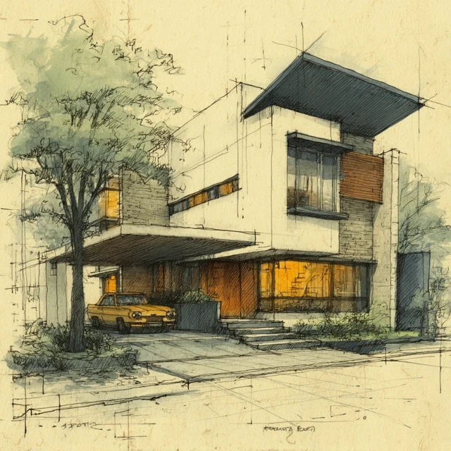 Modern Bauhaus House Sketch Concept Drawing