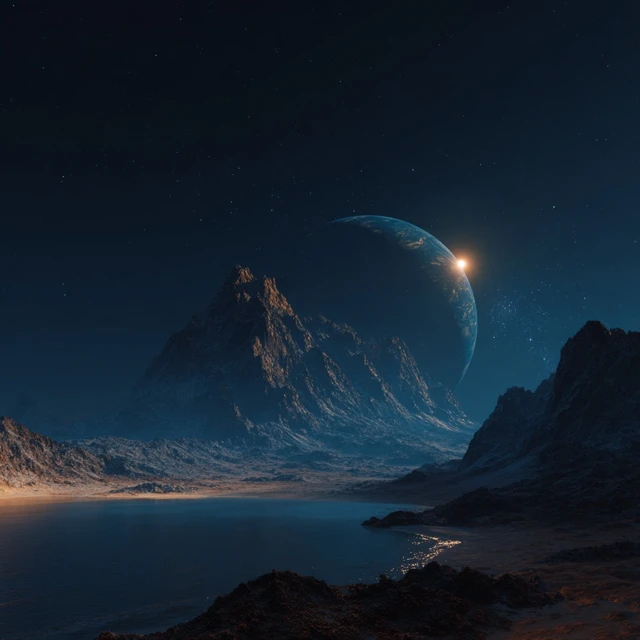 Alien Mountain Landscape at Night with Planet