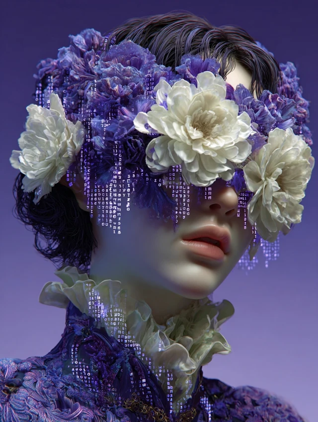 Surreal Portrait Woman Petals Violet Fog