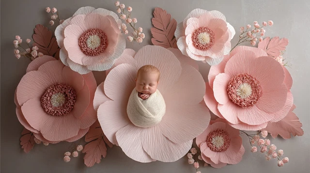 Newborn Baby Girl and Blush Paper Flowers Photo