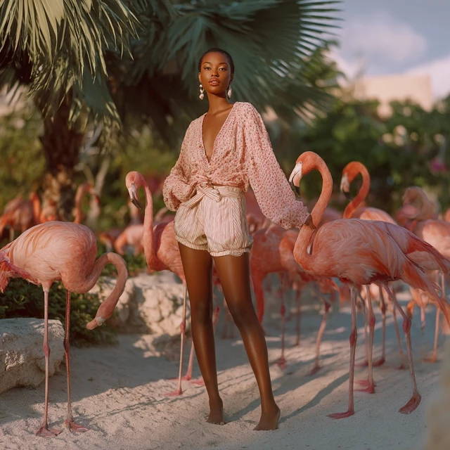Jamaican Woman with Flamingos: Tropical Fashion
