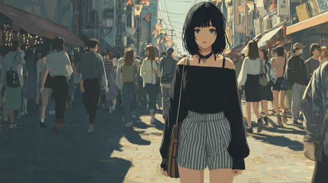 Anime Girl Walking in City 80s Style