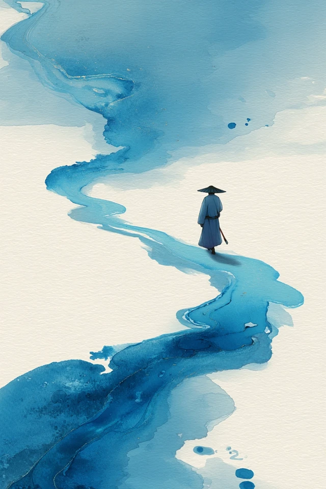 Chinese Watercolor Painting Solitary Traveler