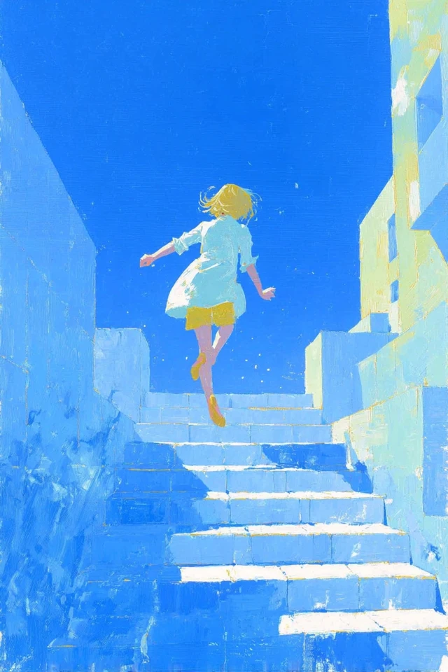 Girl Jumping on Stairs Pastel Oil Painting