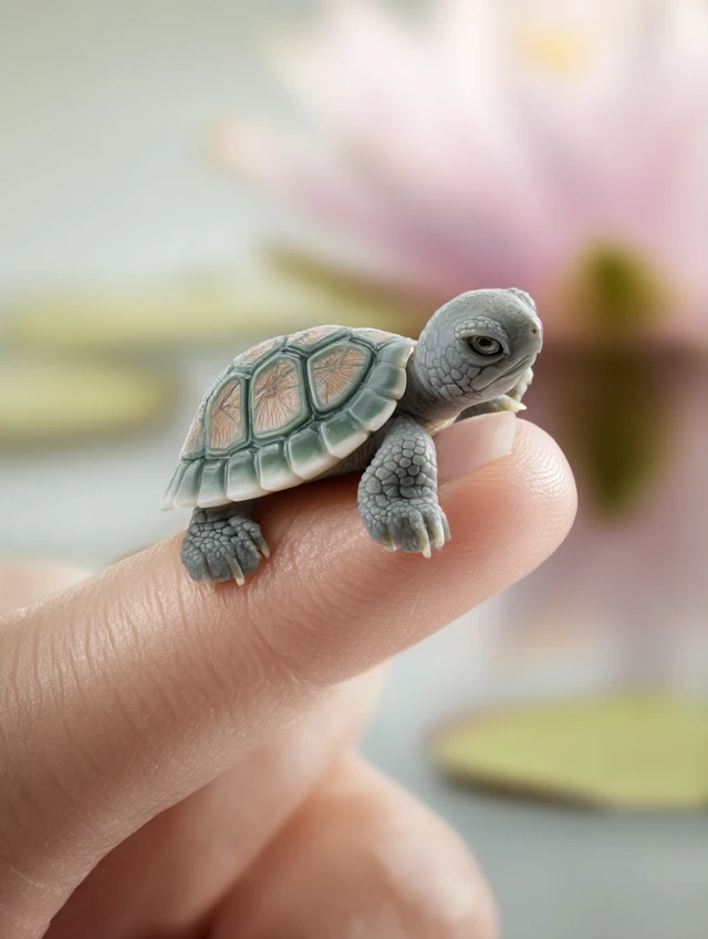 Miniature Baby Turtle Resting on Fingertip