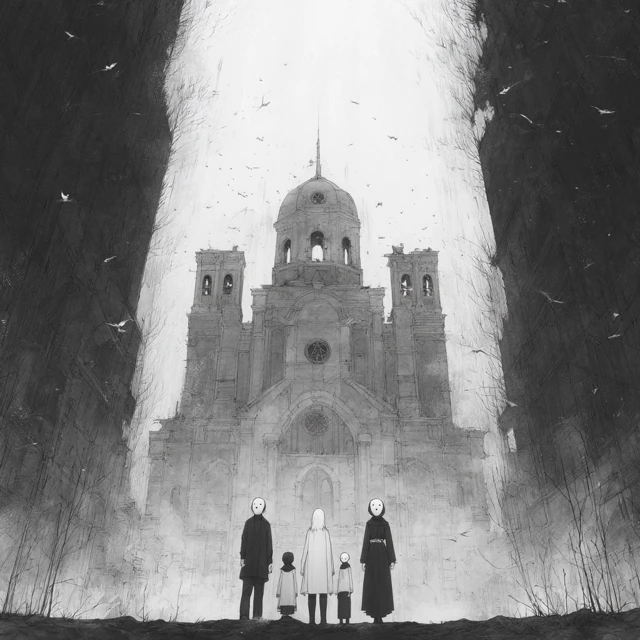 Eerie Church Scene Black and White Illustration
