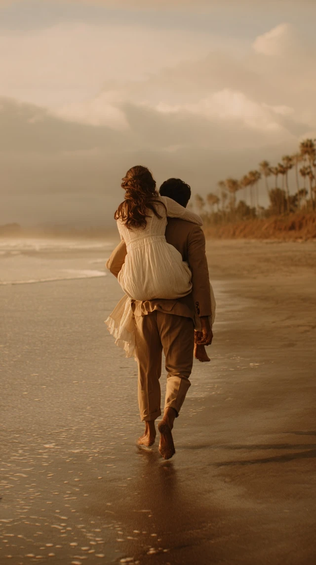 Romantic Beach Scene Golden Hour Couple Walking