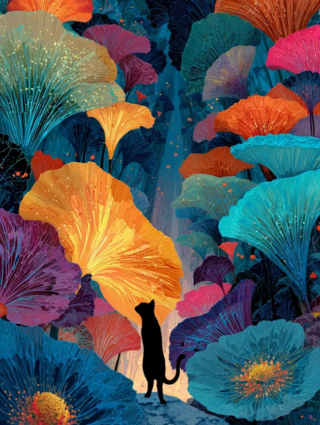 Cat in Glowing Flower Field Fantasy Art