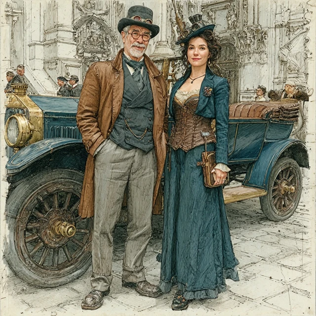 Steampunk Couple Illustration Futuristic City Colored Pencils