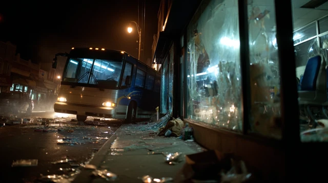 Nighttime Bus Crash Scene City Street Disaster