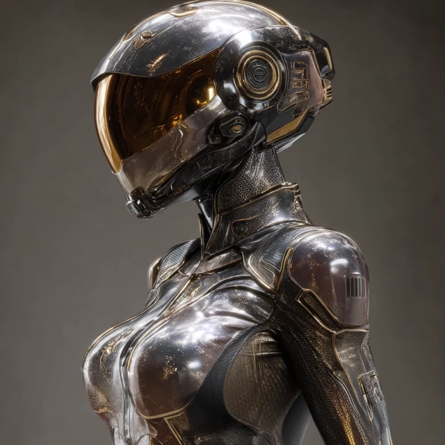 Futuristic Policewoman Metallic Catsuit Helmet