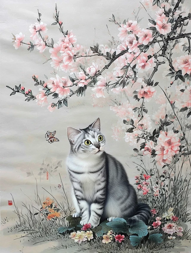 Cat Butterfly Chinese Ink Painting