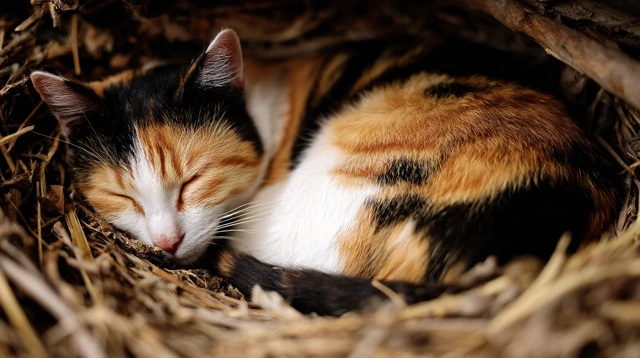 Sleeping Tricolor Cat in Nest Real Photography