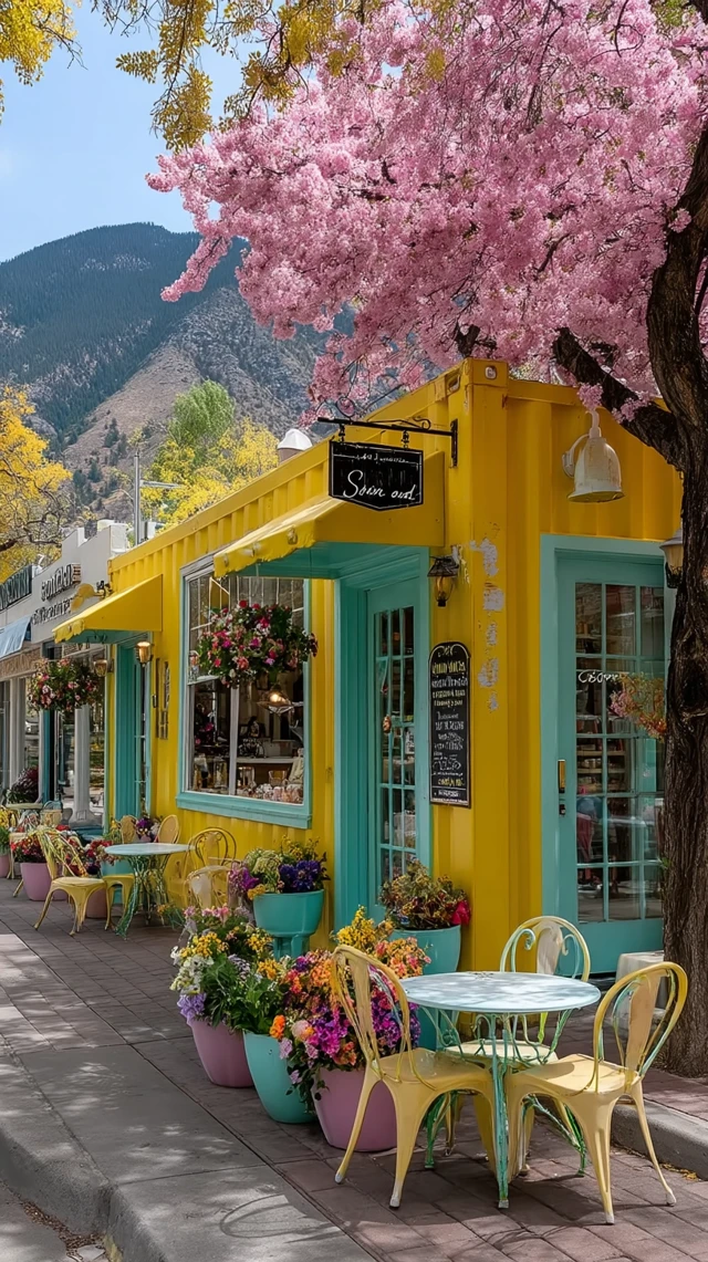 Yellow Cafe with Cherry Blossoms and Mountain View