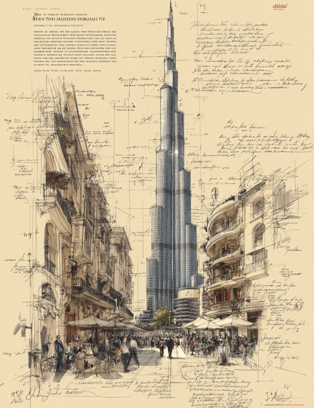 Burj Khalifa Sketch Dubai Vintage Art