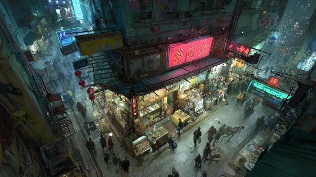 Blade Runner Style Tattoo Shop in Crowded Street