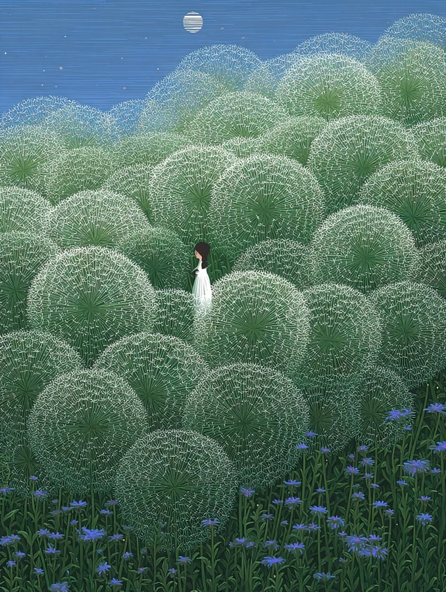 Dandelions and Moonlight A Serene Nature Illustration