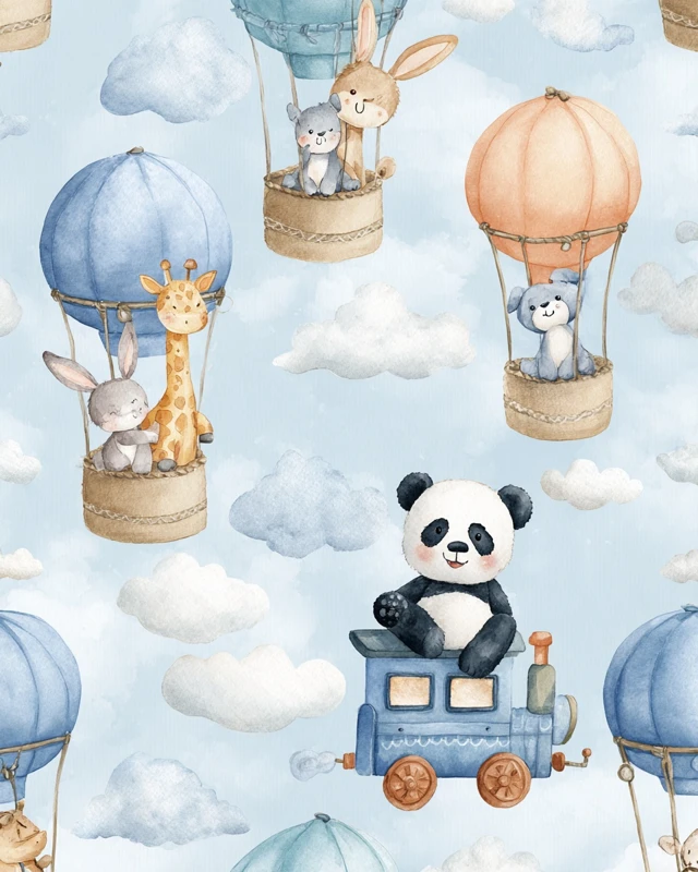 Cute Animal Hot Air Balloons Watercolor Wallpaper