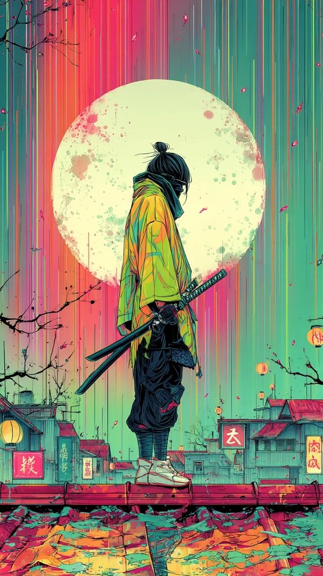 Cyberpunk Samurai on Rooftop at Night