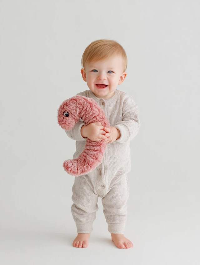 Happy Baby Boy with Funny Plush Toy Studio Photography